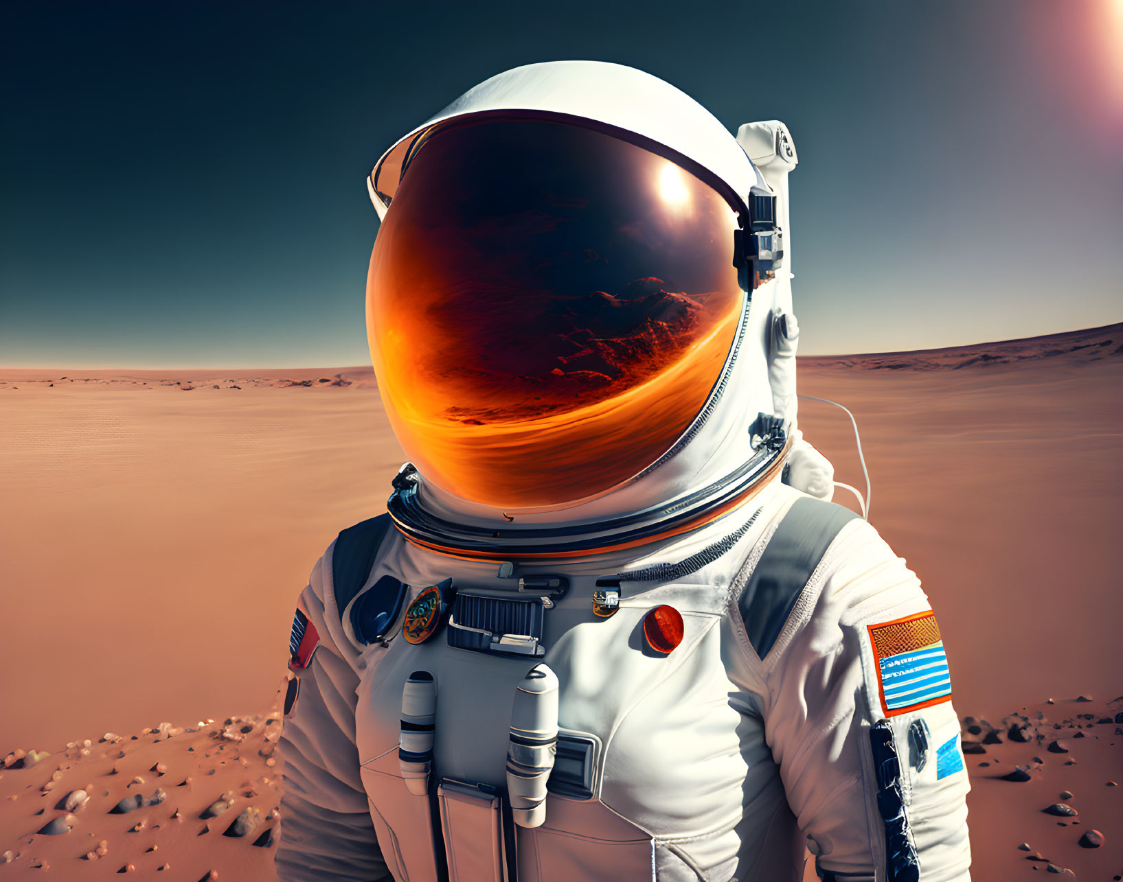 Astronaut in space suit on Mars-like surface with reflective visor