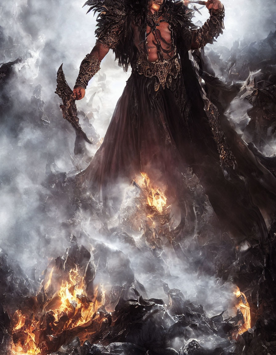 Mysterious figure in elaborate dark costume surrounded by smoke and flames