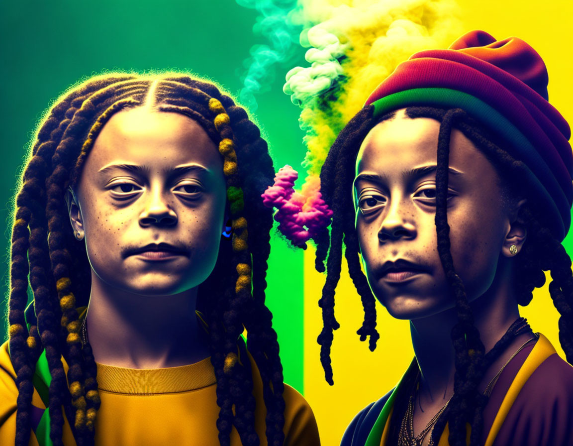 Two people with dreadlocks in front of yellow and green background, one with colorful smoke, the other