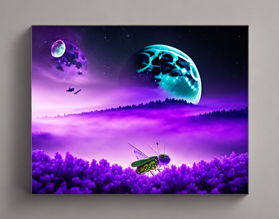 Fantasy landscape canvas art with vibrant purple hues and flying insects in celestial field.