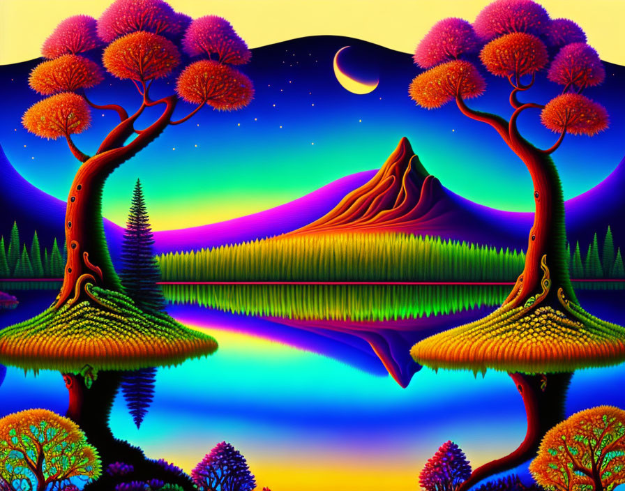 Colorful surreal landscape with starry sky, crescent moon, vibrant hills, serene lake, and