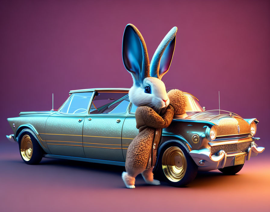 Anthropomorphic rabbit hugging classic car on purple background