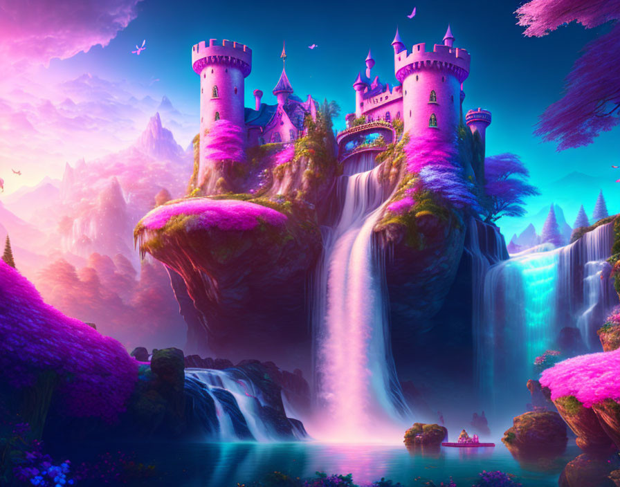 Fantasy landscape with pink castle, waterfalls, lush vegetation, and mountains at twilight