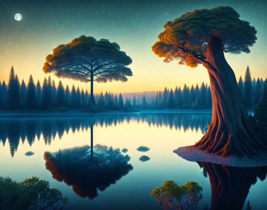 Tranquil twilight landscape with starry sky, trees by lake, and serene forest.