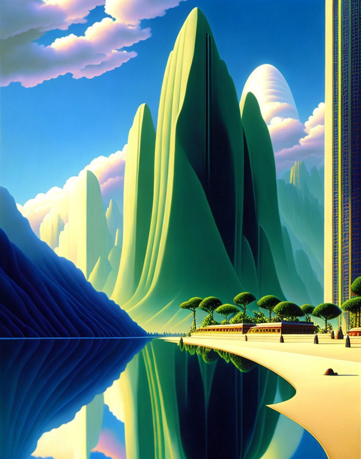 Futuristic landscape with green hills, water body, blue sky, and tall structure