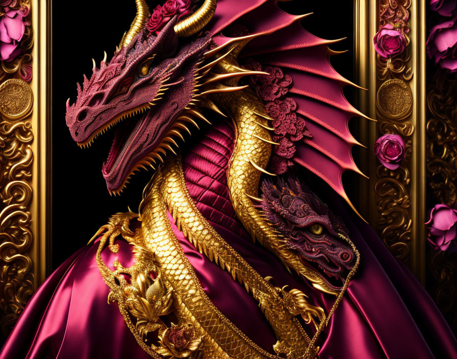 Luxurious Golden Dragon Artwork with Pink Roses and Golden Frames