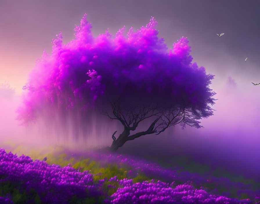 Purple tree with lush canopy in mystical foggy landscape surrounded by flowers and birds.
