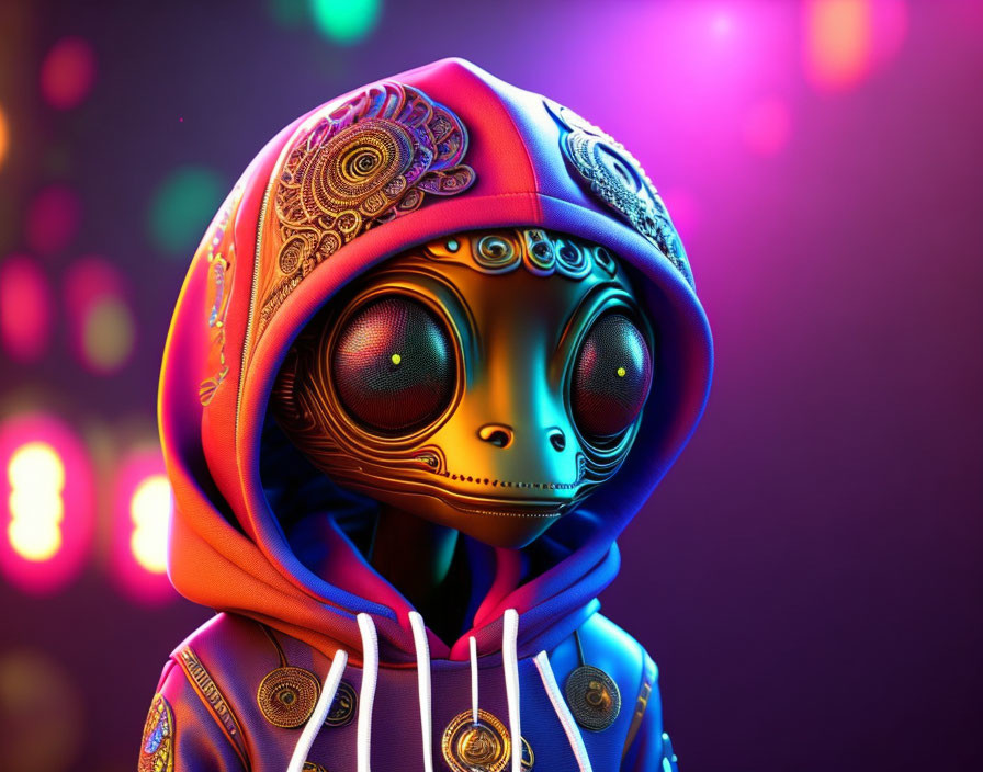 Colorful 3D character with ornate hood and robot face on bokeh background