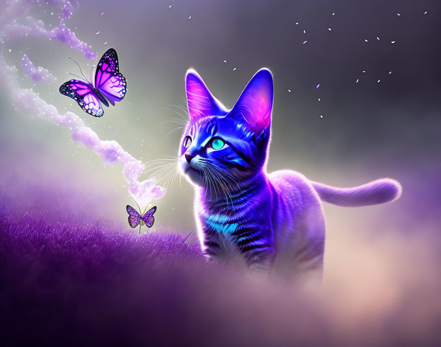 Blue Neon-Striped Kitten Watching Butterflies in Purple Meadow at Dusk