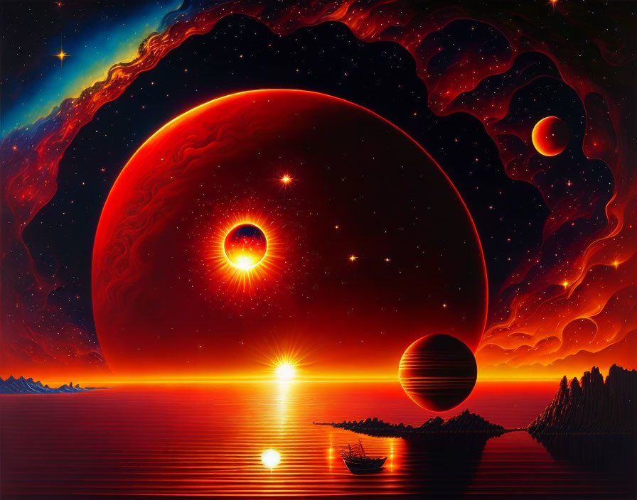 Colorful sci-fi scene: red planet, stars, sea, boat