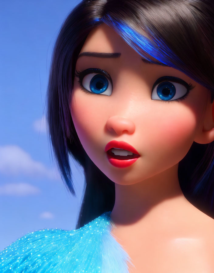 Animated female character with blue eyes and sparkly dress against blue sky.