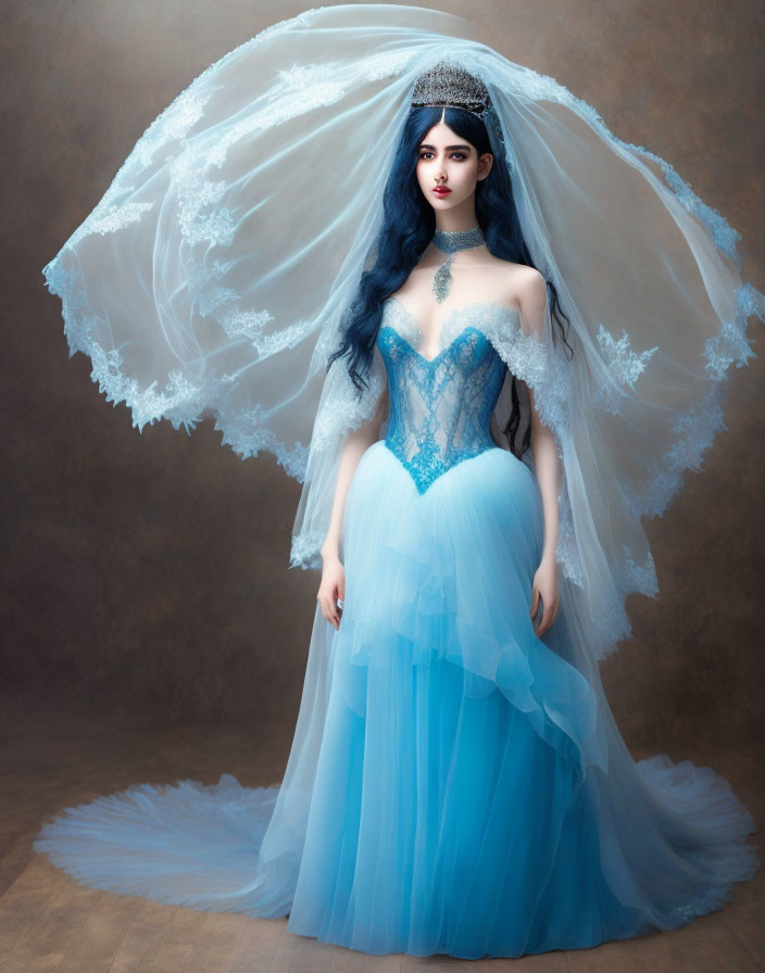 Blue-haired woman in blue and white wedding dress with flowing veil against muted backdrop