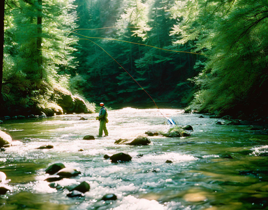 Tranquil scene of person fly fishing in lush forest by serene river