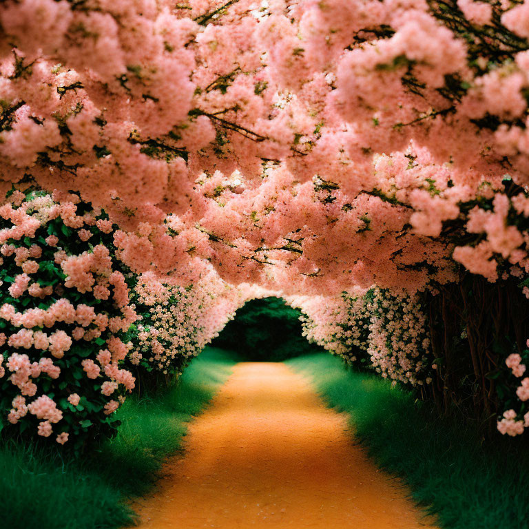 Tranquil earthen trail under lush pink cherry blossom canopy