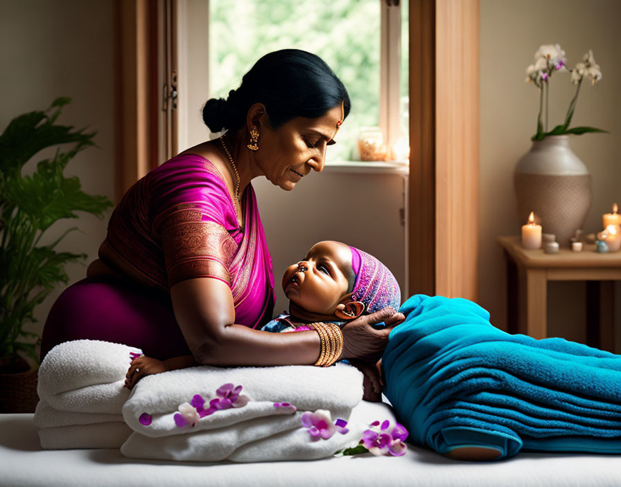 Indian Woman in Purple Saree with Baby by Window and Orchids