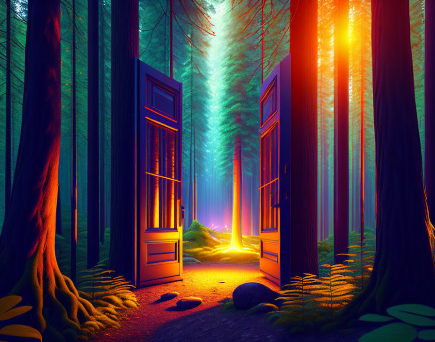 Mystical forest scene with glowing doorway in mist