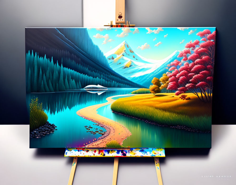 Surreal painting featuring snow-capped mountain, lake, and futuristic building