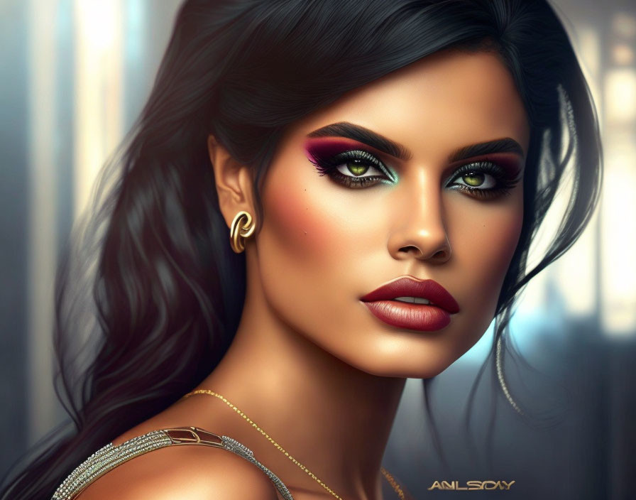 Illustrated woman with green eyes, bold makeup, and dark hair with earring and gold chain.