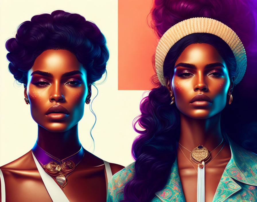 Two stylized women with elaborate hairstyles and makeup against a colorful background