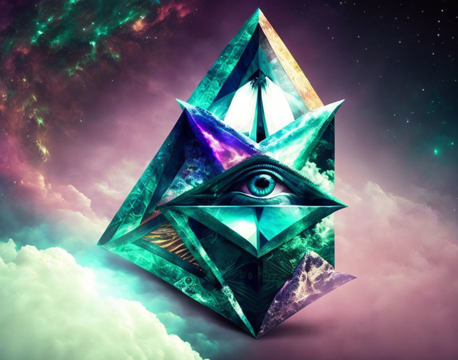 Colorful digital artwork: Crystal polyhedron with central eye in cosmic setting