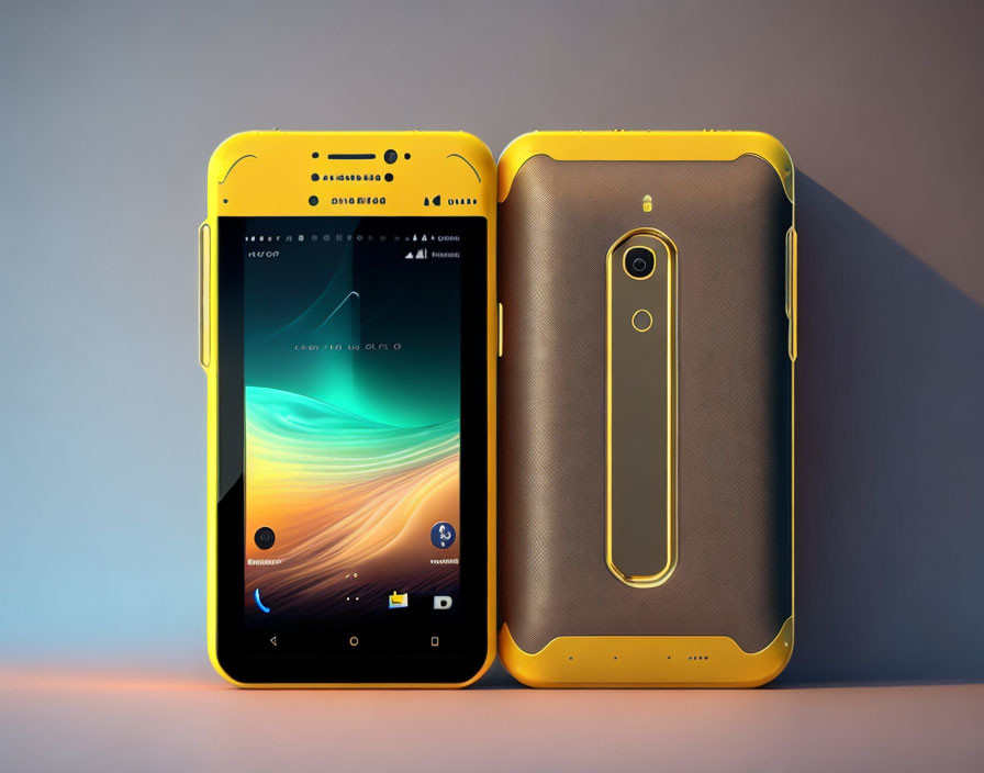 Yellow smartphones with black trim: front screen and back camera view