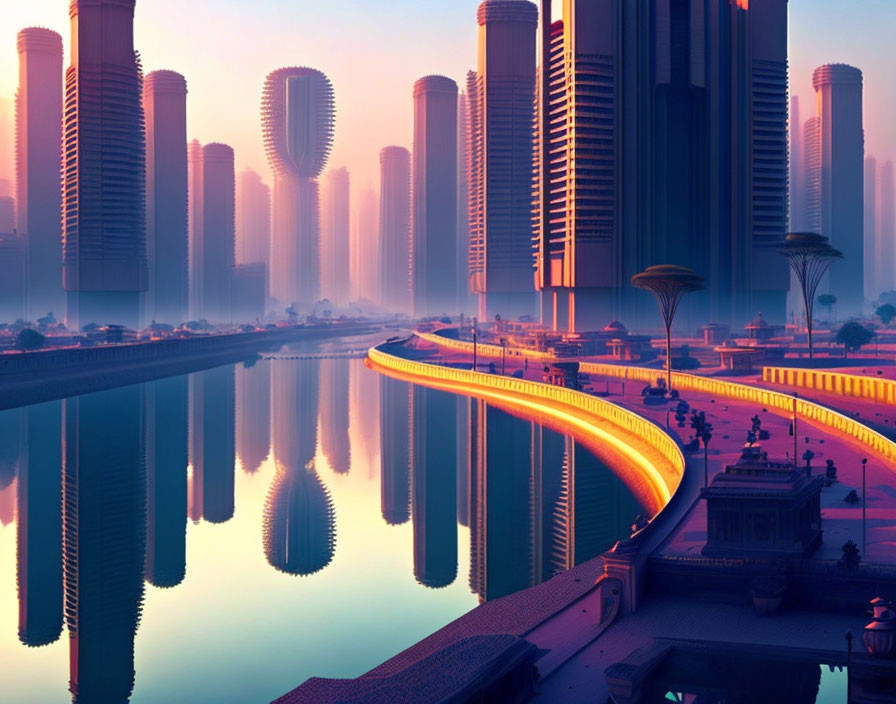 Futuristic sunrise cityscape with curvilinear skyscrapers and glowing orange pathway.