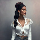 Stylized woman with updo hairstyle, white shirt, denim on neutral background