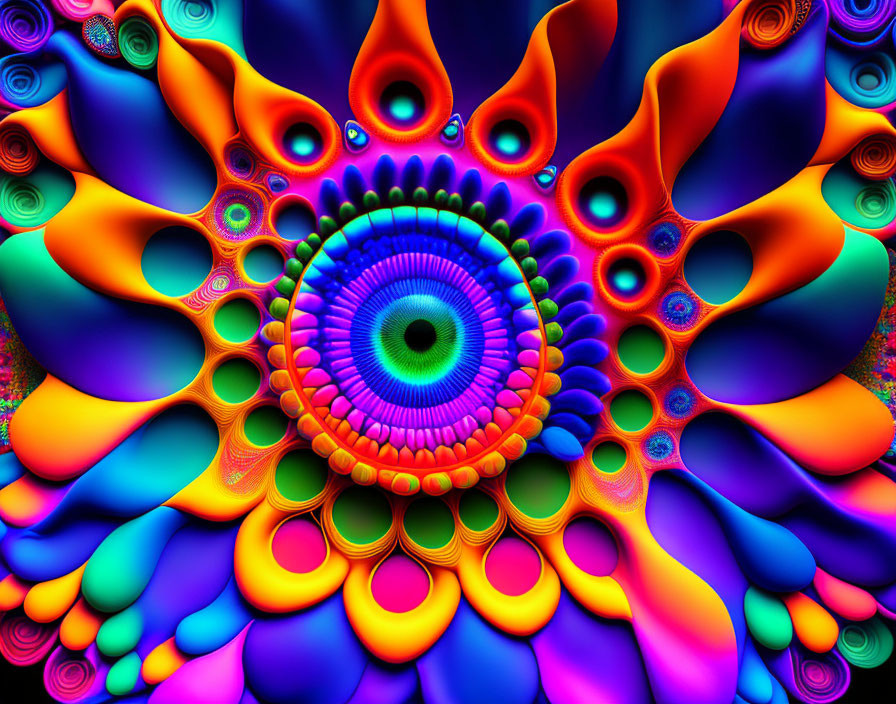 Colorful Digital Fractal Art: Kaleidoscopic Pattern with Psychedelic Motifs