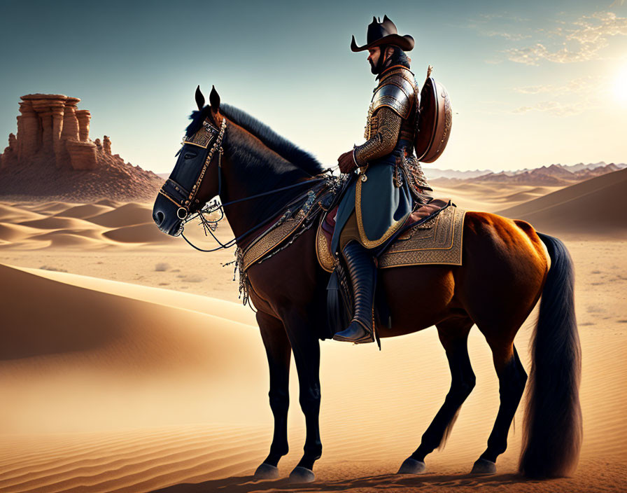 Knight in Full Armor Riding Decorated Horse Through Desert Landscape