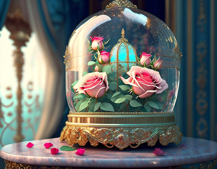 Glass dome with pink roses on decorated base - fairy-tale aesthetic