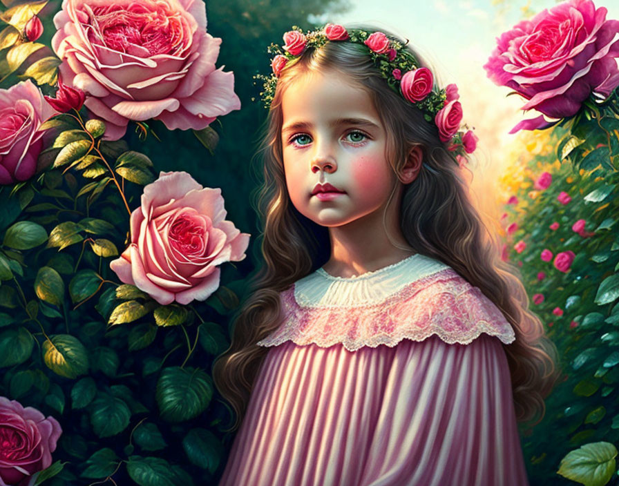 Young girl in pink dress with floral crown surrounded by vibrant roses in dreamy setting