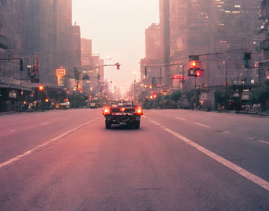 Urban street scene at twilight with car and glowing traffic lights