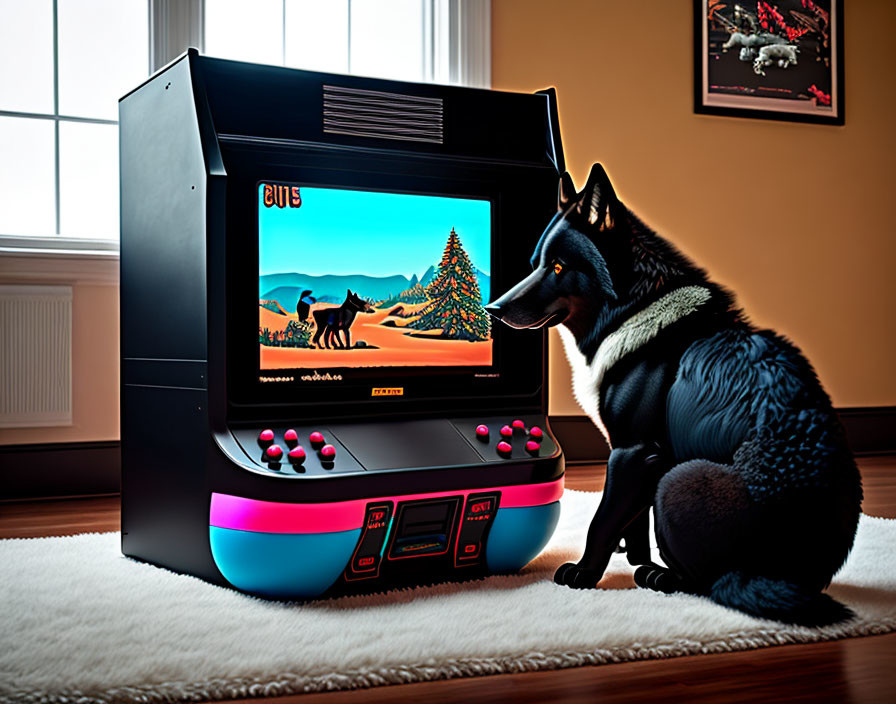 Dog sitting next to vintage arcade game with desert scene