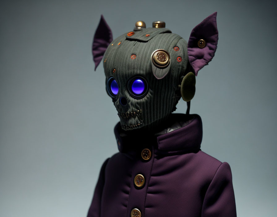 Skull with glowing blue eyes in cat-eared knit cap and purple jacket on grey background