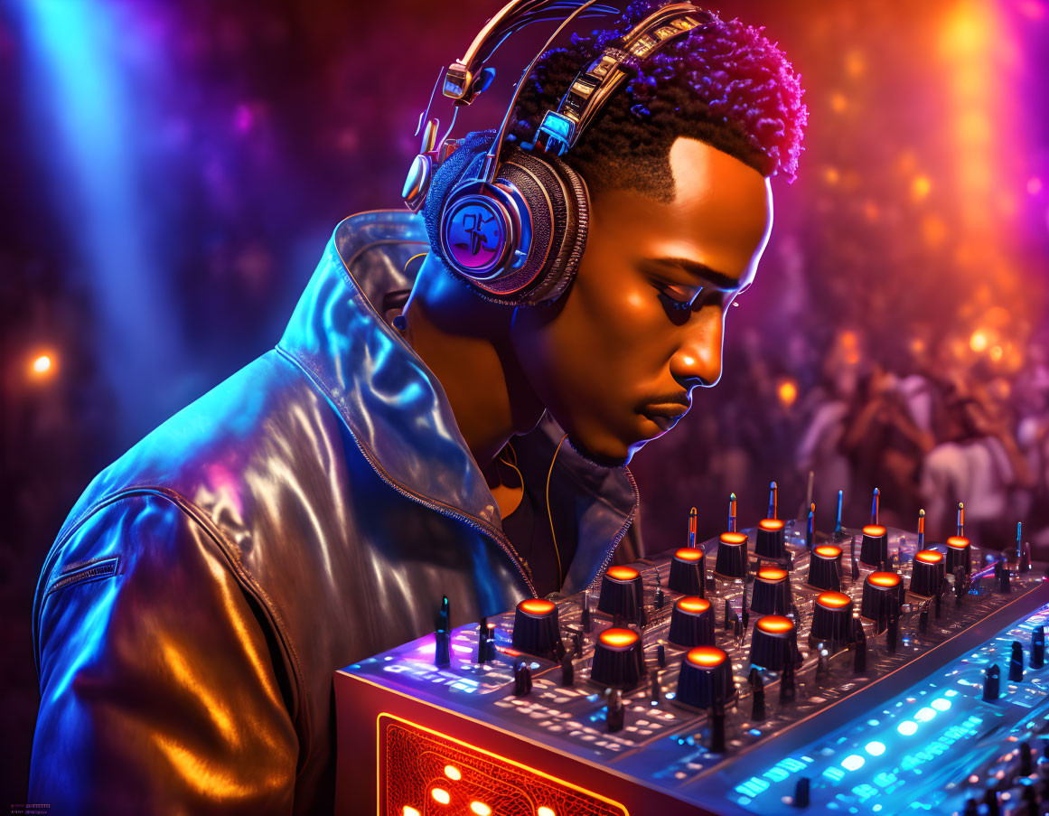 DJ mixing tracks on console in vibrant neon-lit crowd.