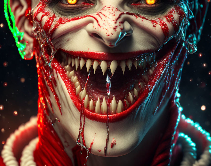 Menacing clown with sharp teeth and bloodstains in close-up shot