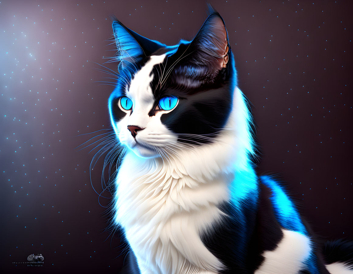 Black and White Cat with Blue Eyes in Starry Background