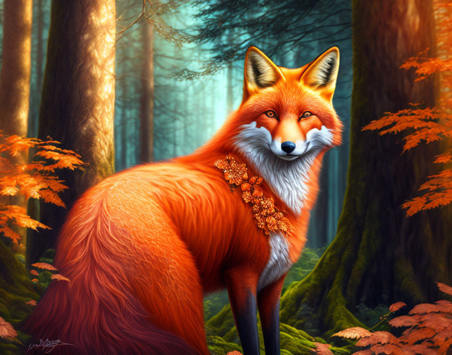 Red Fox in Sunlit Forest with Orange Leaves