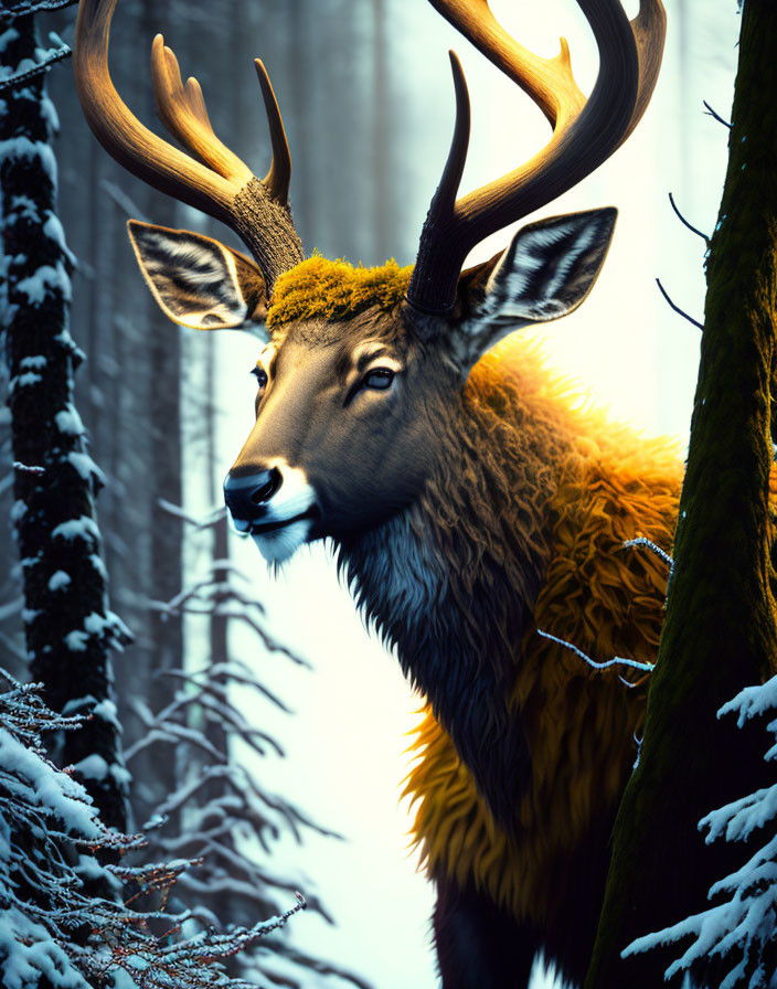 Majestic stag with large antlers in snowy forest scene