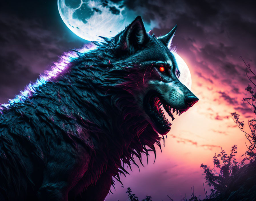 Menacing werewolf under full moon in purplish night sky