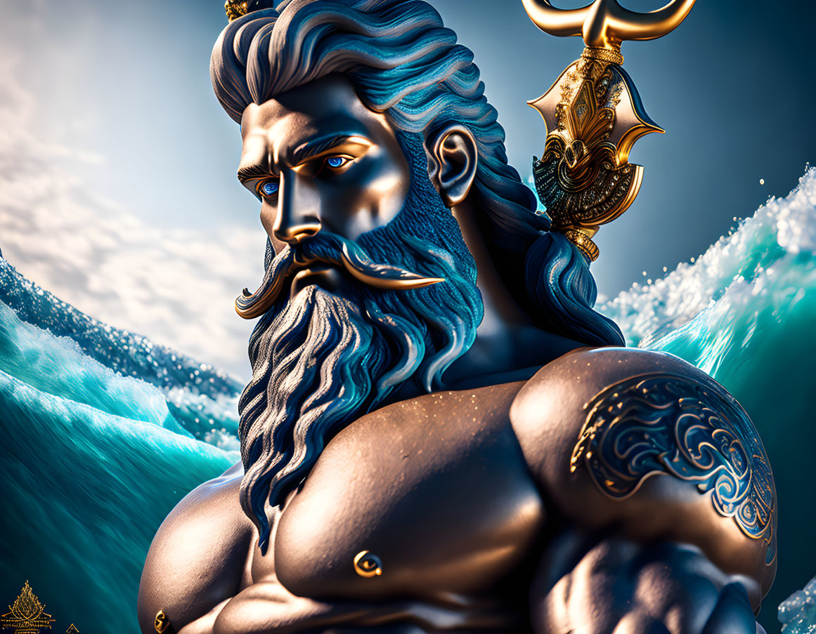 Blue-skinned male deity with trident in ocean backdrop