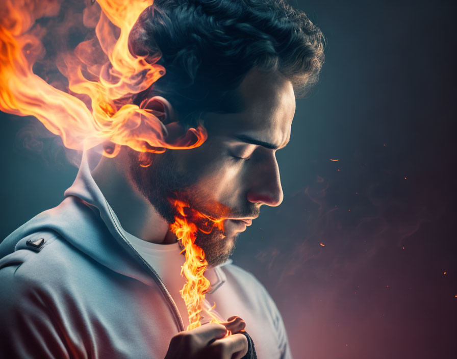 Man with contemplative expression surrounded by fiery flames and embers.