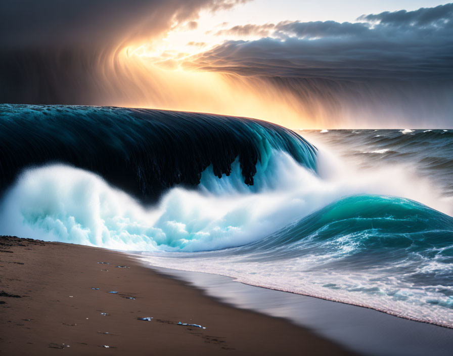 Vibrant sunset over powerful cresting wave in dramatic seascape