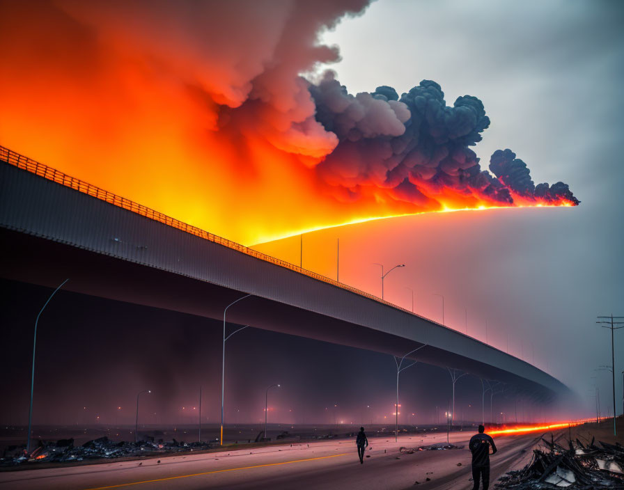 Intense explosion and silhouetted figures on overpass at night