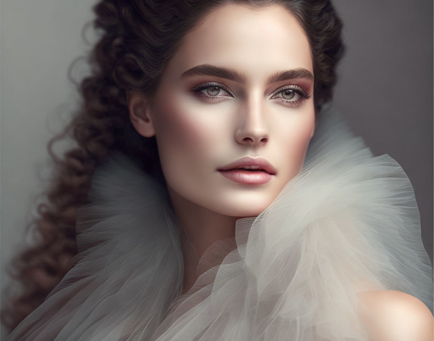 Portrait of Woman with Curly Hair and Striking Eyes in White Fabric