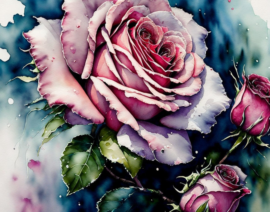 Pink Rose Watercolor Painting with Droplets on Petals and Buds on Speckled Blue Background