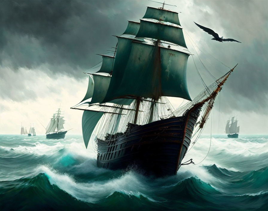 Tall ships sailing on turbulent seas under stormy skies with a soaring bird