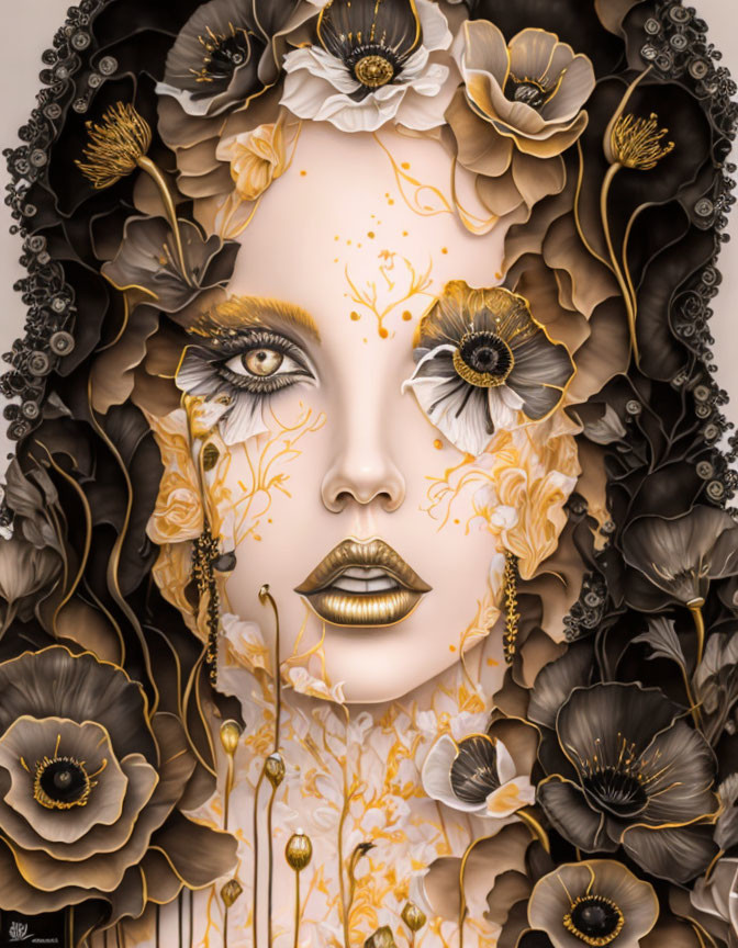 Illustration of woman's face with gold and black makeup and floral surroundings