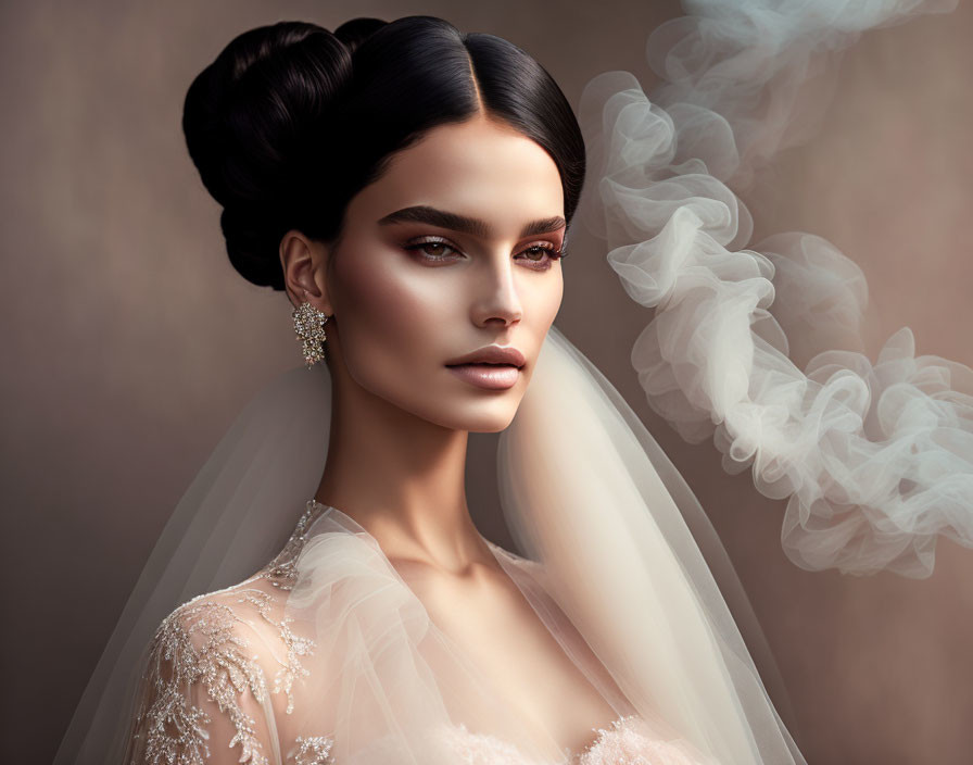 Bride with High Bun Hairstyle, Sheer Veil, Pearl Earrings, Lace Gown