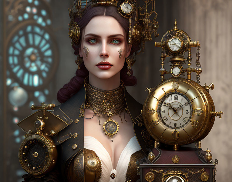 Regal woman in steampunk attire with clockwork accessories against clock face background